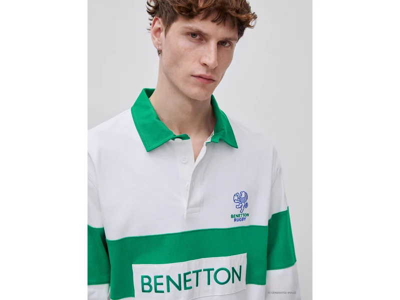 Weißes und grünes Benetton Rugby-Poloshirt, 100 % Baumwolle