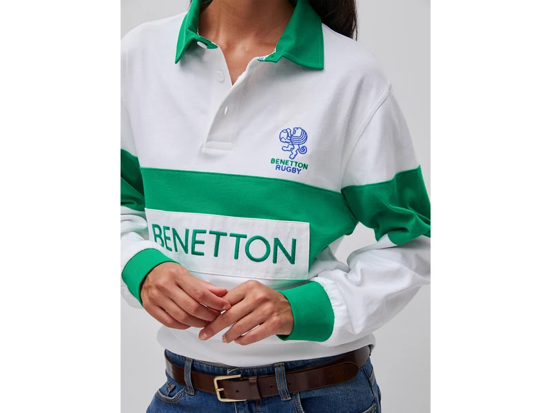 Weißes und grünes Benetton Rugby-Poloshirt, 100 % Baumwolle