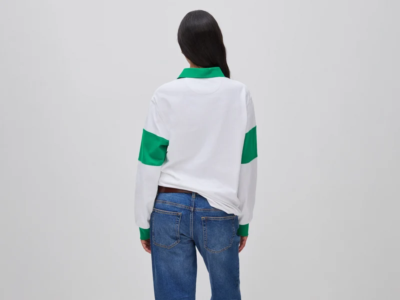Weißes und grünes Benetton Rugby-Poloshirt, 100 % Baumwolle