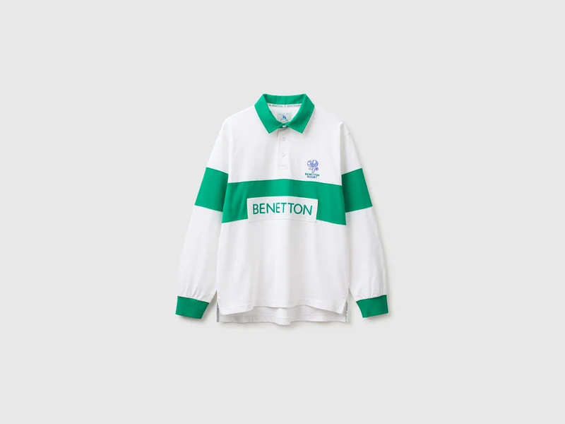 Weißes und grünes Benetton Rugby-Poloshirt, 100 % Baumwolle