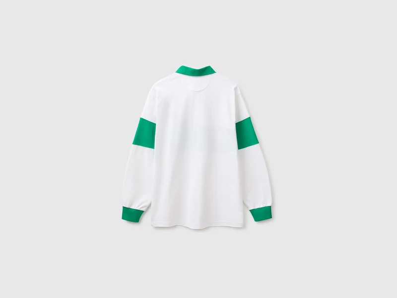 Weißes und grünes Benetton Rugby-Poloshirt, 100 % Baumwolle