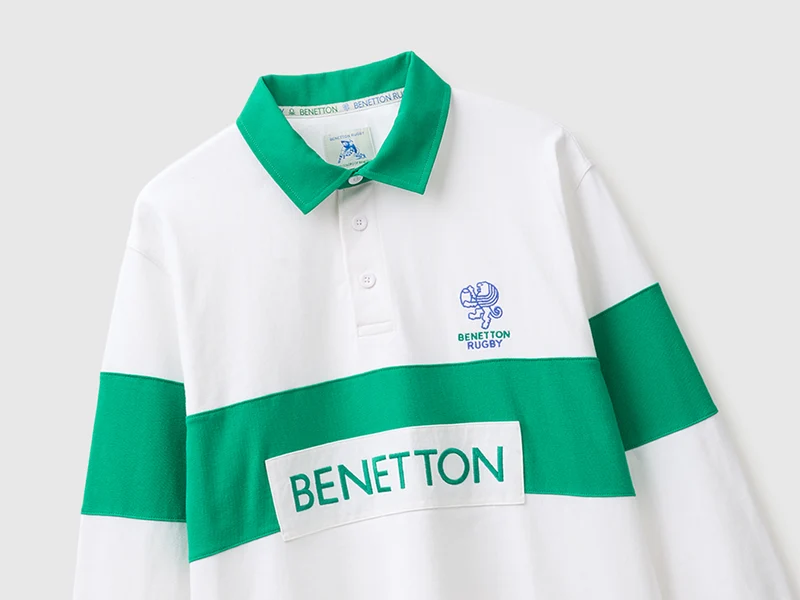 Weißes und grünes Benetton Rugby-Poloshirt, 100 % Baumwolle