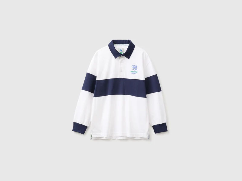 Benetton Rugby Poloshirt in Weiß und Blau aus Bio-Baumwolle