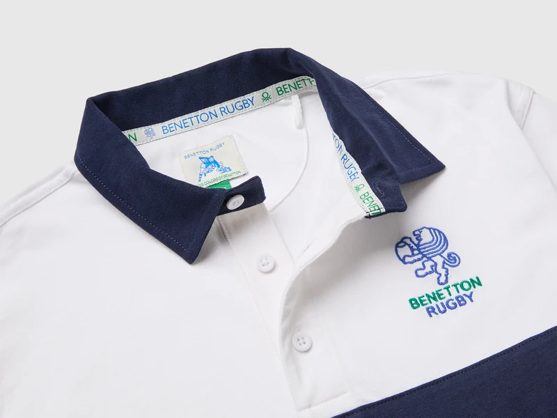 Benetton Rugby Poloshirt in Weiß und Blau aus Bio-Baumwolle