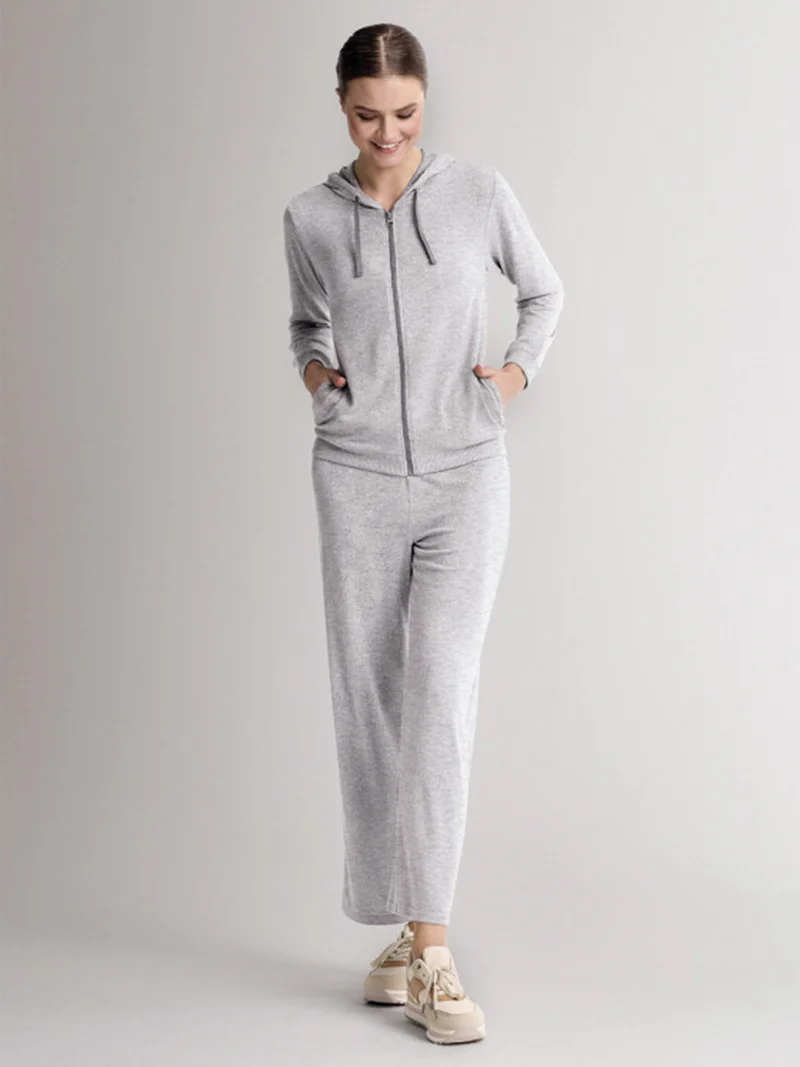 LOUNGE Completo tuta donna in maglia full zip con cappuccio - grigio