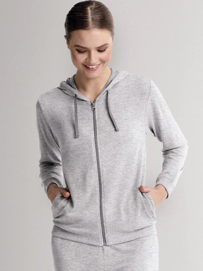 LOUNGE Completo tuta donna in maglia full zip con cappuccio - grigio