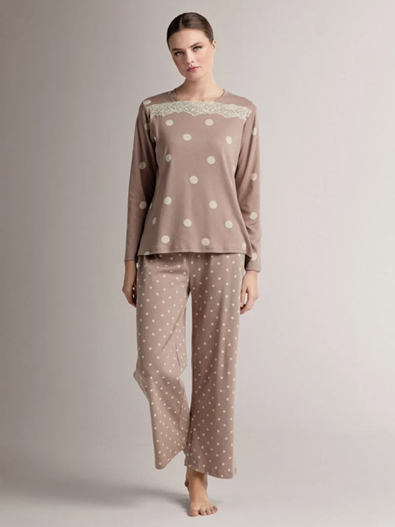 BOLLICINE Pigiama donna in cotone interlock a pois con dettagli in pizzo - taupe