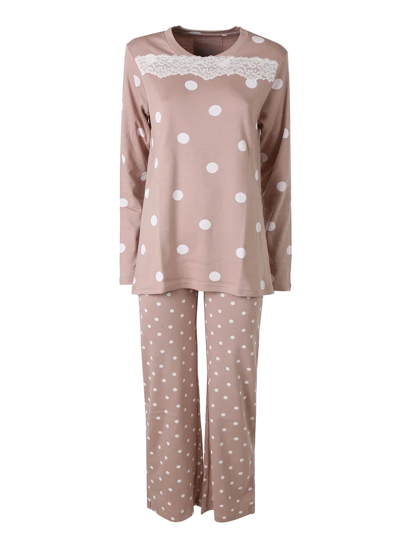 BOLLICINE Pigiama donna in cotone interlock a pois con dettagli in pizzo - taupe