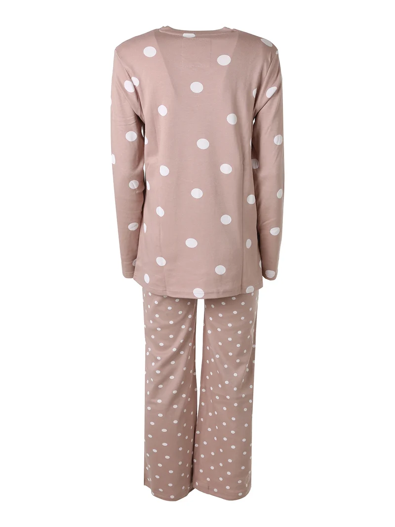 BOLLICINE Pigiama donna in cotone interlock a pois con dettagli in pizzo - taupe