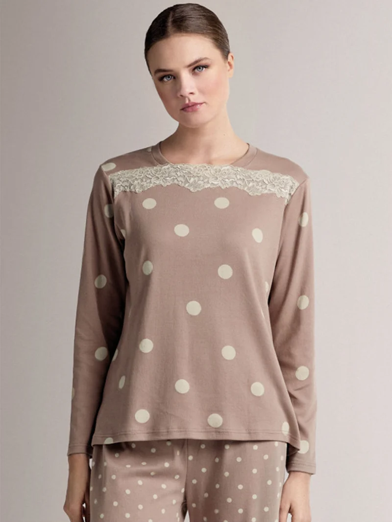 BOLLICINE Pigiama donna in cotone interlock a pois con dettagli in pizzo - taupe