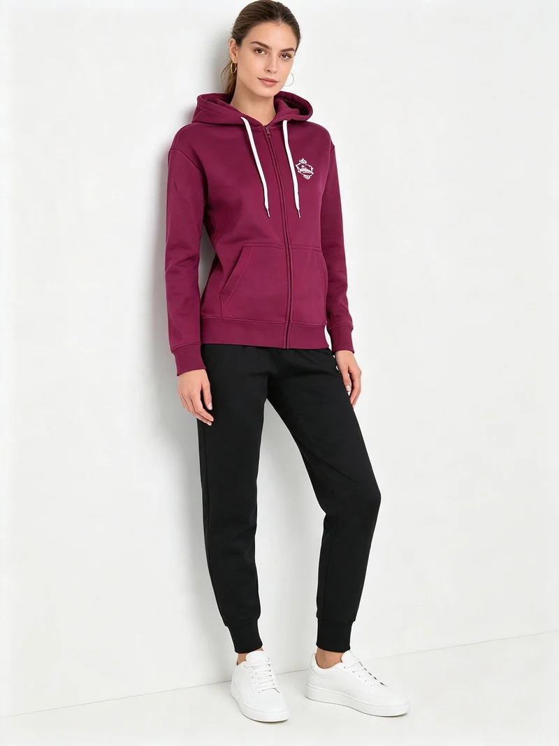 Completo tuta da donna in felpa con cappuccio e zip - bordeaux