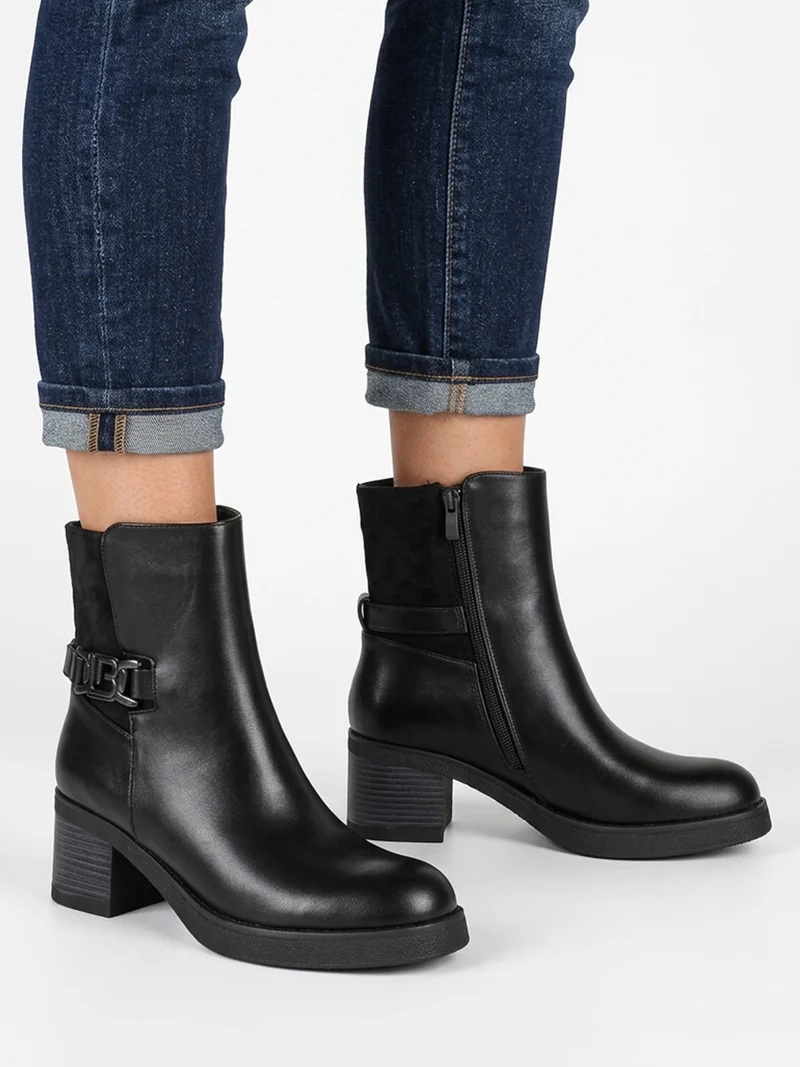 Stivaletti donna in ecopelle e tessuto scamosciato con tacco largo e fibbia decorativa - nero