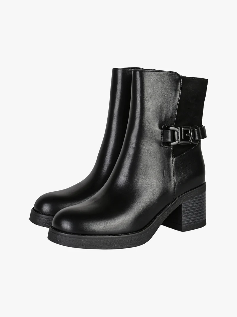 Stivaletti donna in ecopelle e tessuto scamosciato con tacco largo e fibbia decorativa - nero