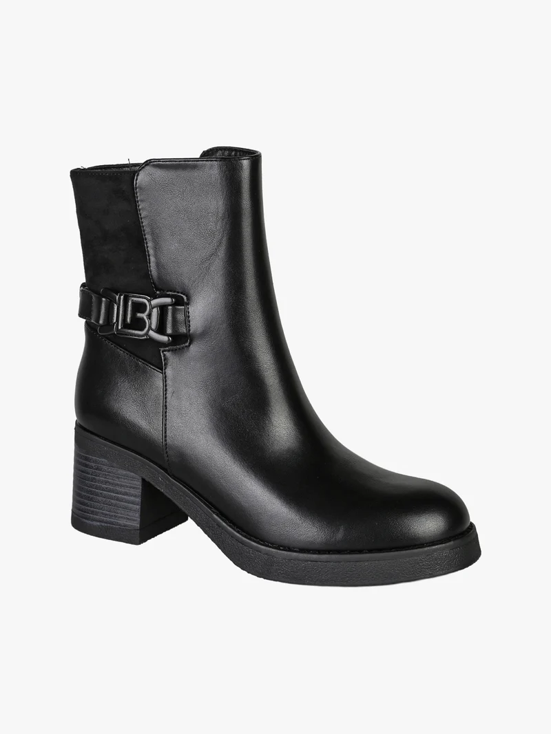 Stivaletti donna in ecopelle e tessuto scamosciato con tacco largo e fibbia decorativa - nero