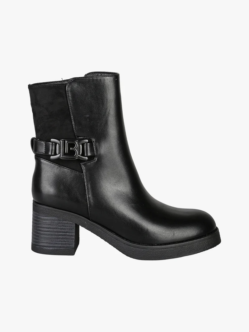 Stivaletti donna in ecopelle e tessuto scamosciato con tacco largo e fibbia decorativa - nero