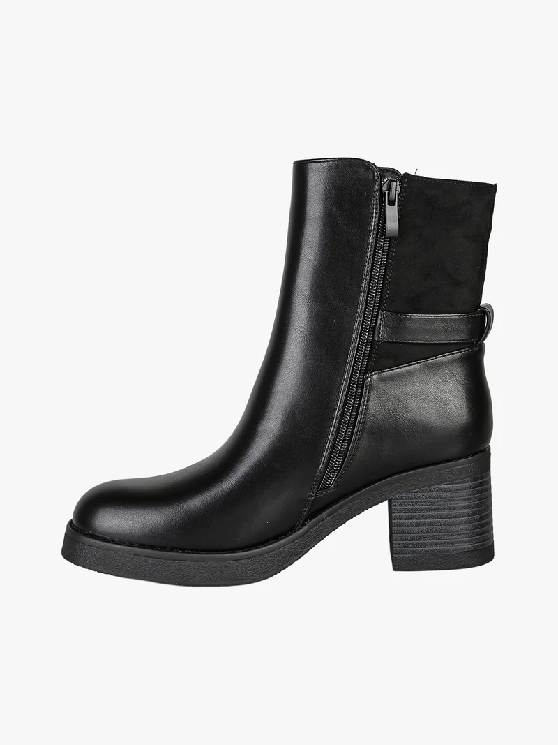 Stivaletti donna in ecopelle e tessuto scamosciato con tacco largo e fibbia decorativa - nero
