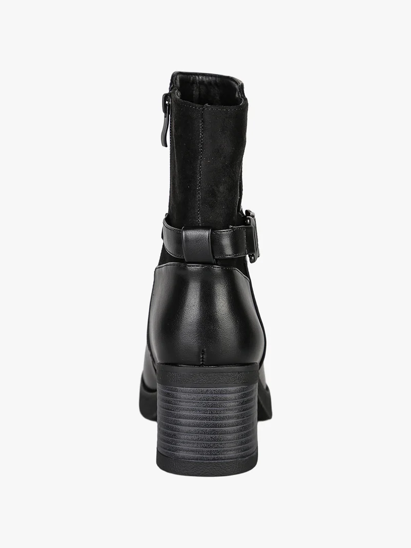 Stivaletti donna in ecopelle e tessuto scamosciato con tacco largo e fibbia decorativa - nero