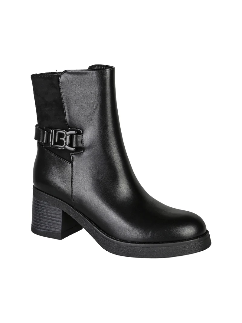 Stivaletti donna in ecopelle e tessuto scamosciato con tacco largo e fibbia decorativa - nero