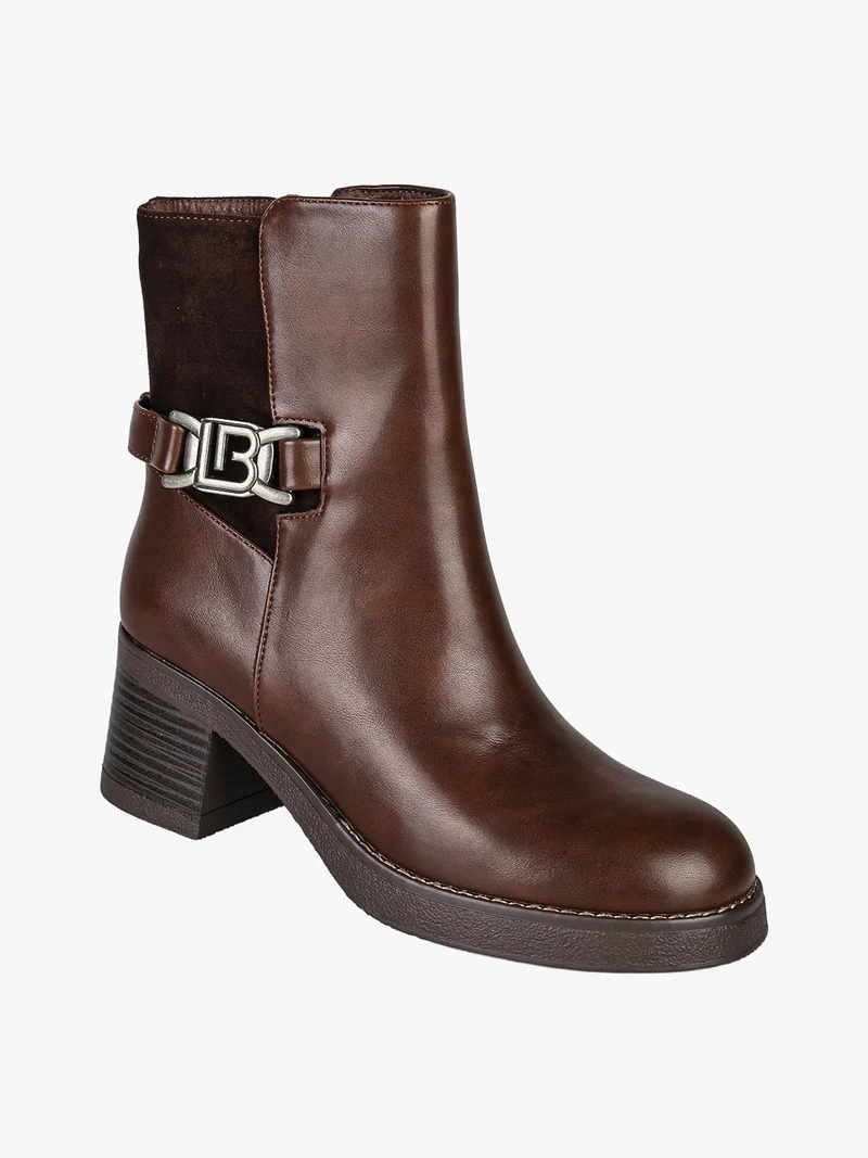 Stivaletti donna in ecopelle e tessuto scamosciato con tacco largo e fibbia decorativa - moro