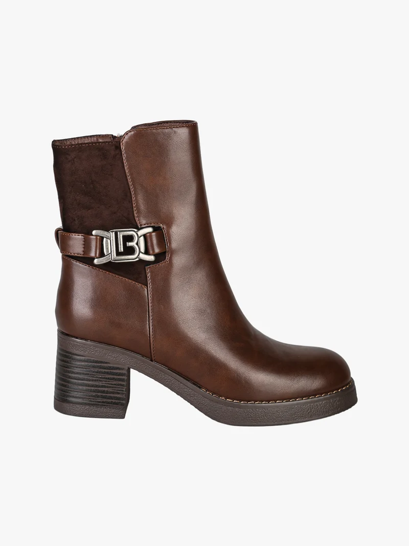 Stivaletti donna in ecopelle e tessuto scamosciato con tacco largo e fibbia decorativa - moro