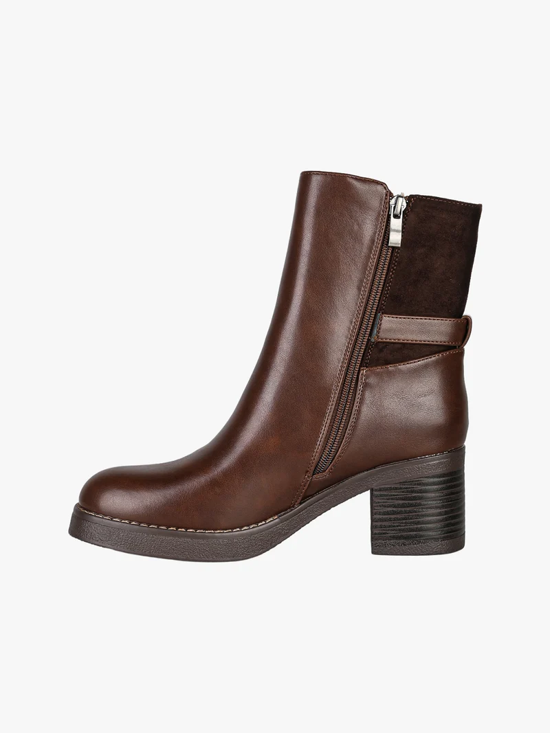 Stivaletti donna in ecopelle e tessuto scamosciato con tacco largo e fibbia decorativa - moro