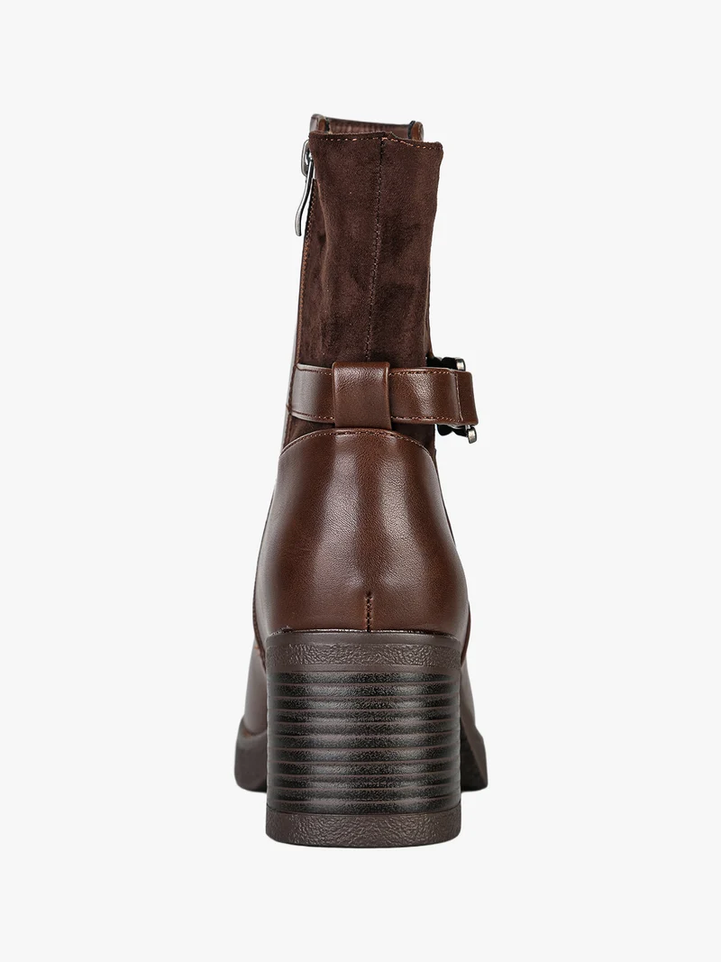 Stivaletti donna in ecopelle e tessuto scamosciato con tacco largo e fibbia decorativa - moro