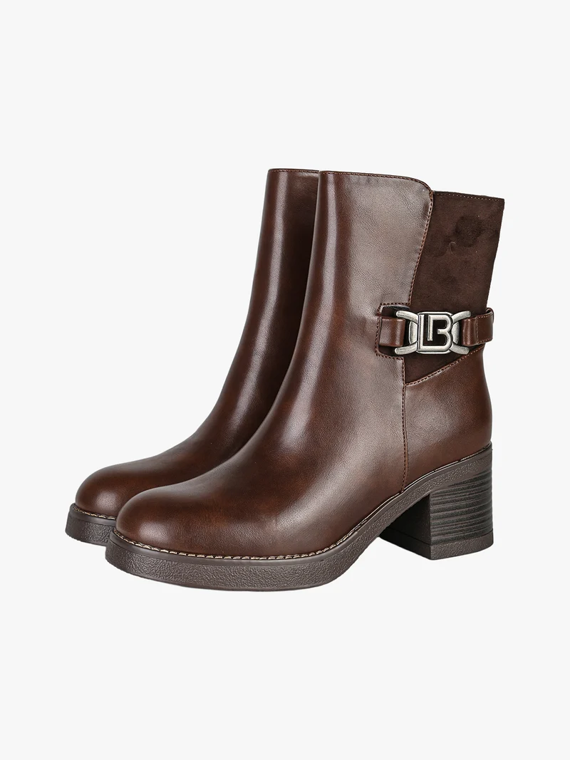 Stivaletti donna in ecopelle e tessuto scamosciato con tacco largo e fibbia decorativa - moro