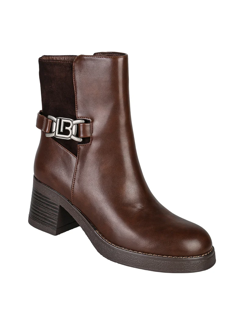 Stivaletti donna in ecopelle e tessuto scamosciato con tacco largo e fibbia decorativa - moro