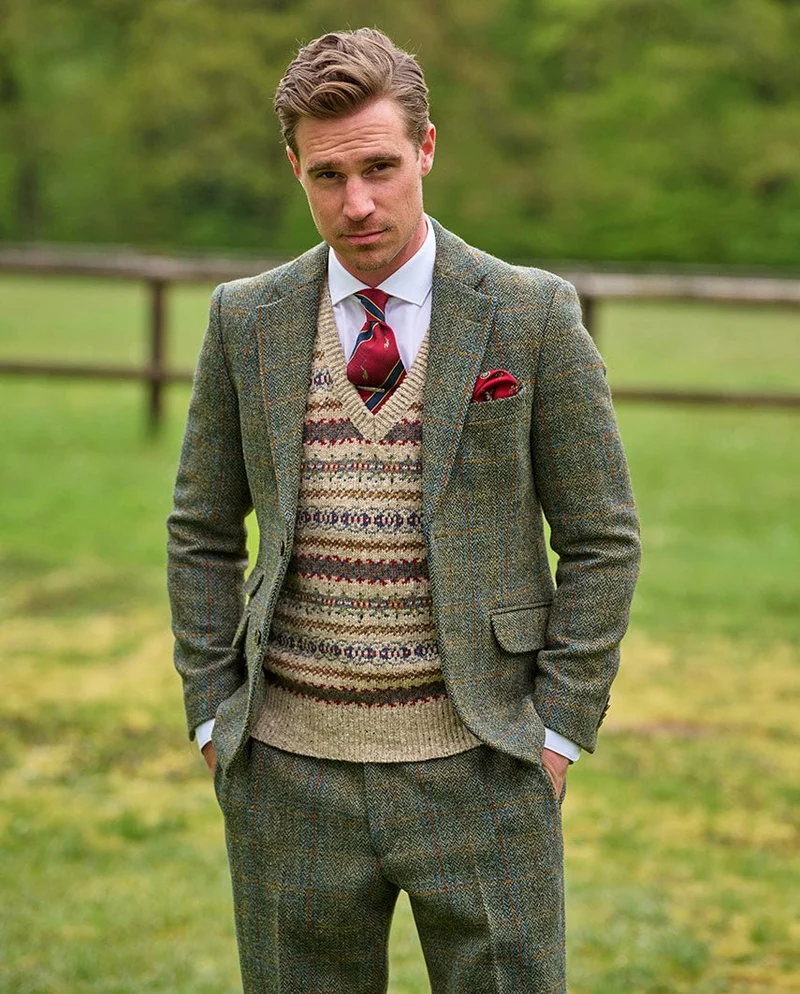 Harris Tweed Sakko "London" in oliv-blue Overcheck