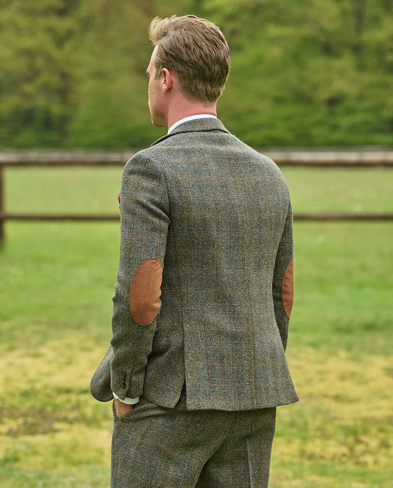 Harris Tweed Sakko "London" in oliv-blue Overcheck