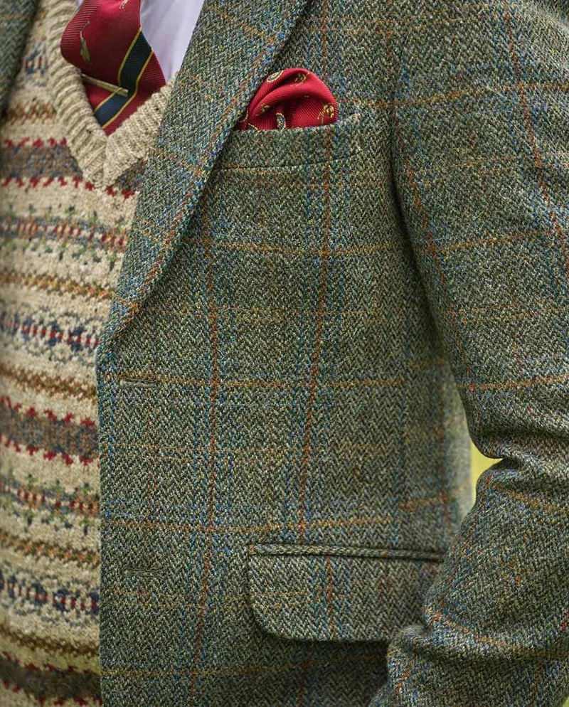 Harris Tweed Sakko "London" in oliv-blue Overcheck