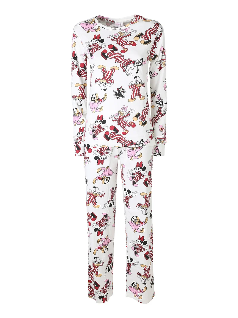 Pigiama lungo da donna in cotone interlock con pantaloni a righe - panna