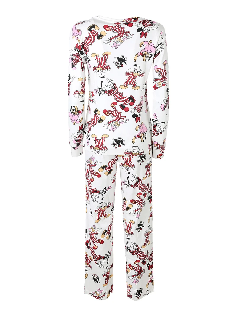 Pigiama lungo da donna in cotone interlock con pantaloni a righe - panna