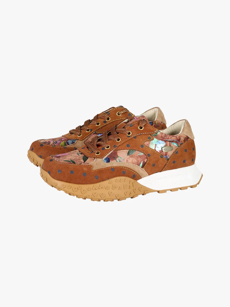 EVITAO 04 Sneakers donna in pelle scamosciata con stampa floreale e pois - cammello