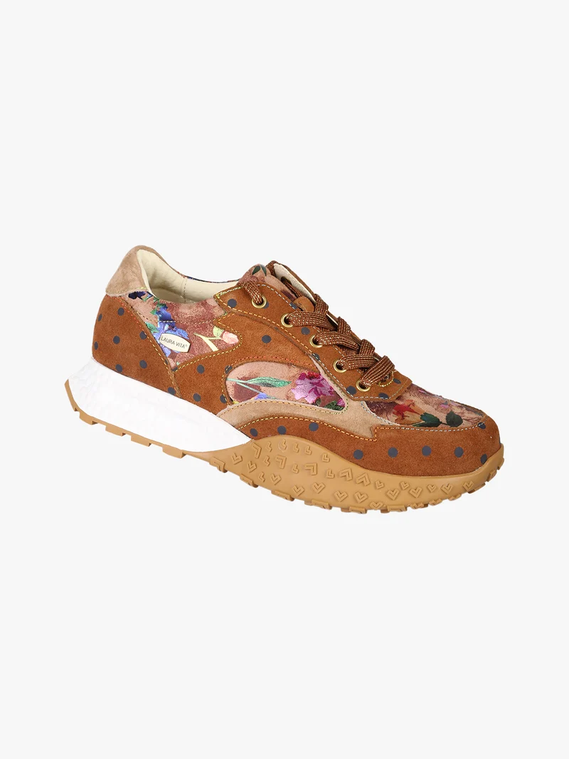 EVITAO 04 Sneakers donna in pelle scamosciata con stampa floreale e pois - cammello