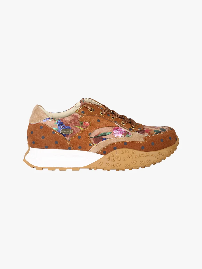 EVITAO 04 Sneakers donna in pelle scamosciata con stampa floreale e pois - cammello