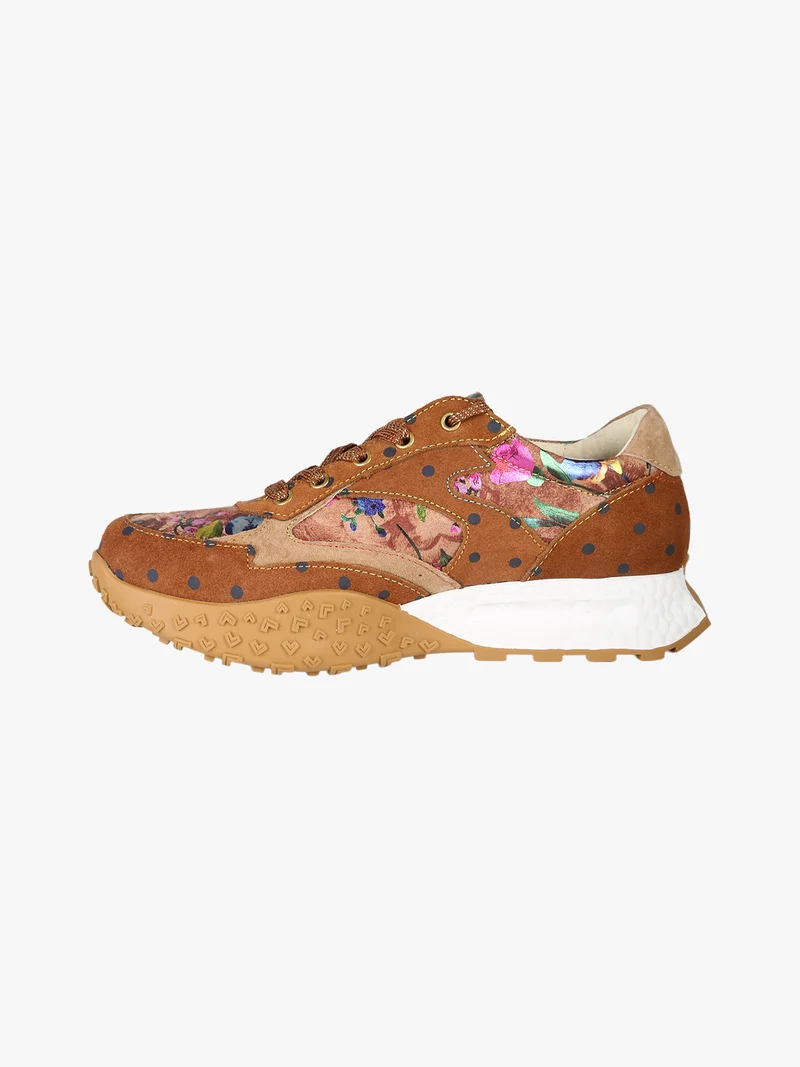 EVITAO 04 Sneakers donna in pelle scamosciata con stampa floreale e pois - cammello
