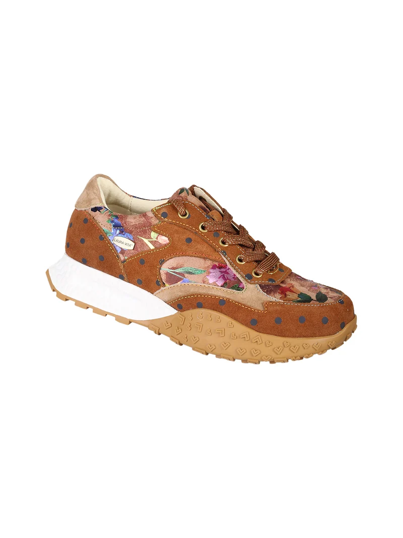 EVITAO 04 Sneakers donna in pelle scamosciata con stampa floreale e pois - cammello