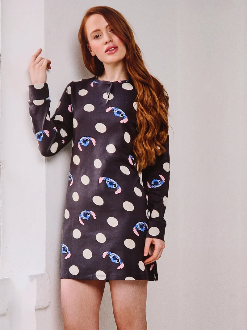 Camicia da notte a maniche lunghe da donna in cotone interlock con stampa pois - antracite