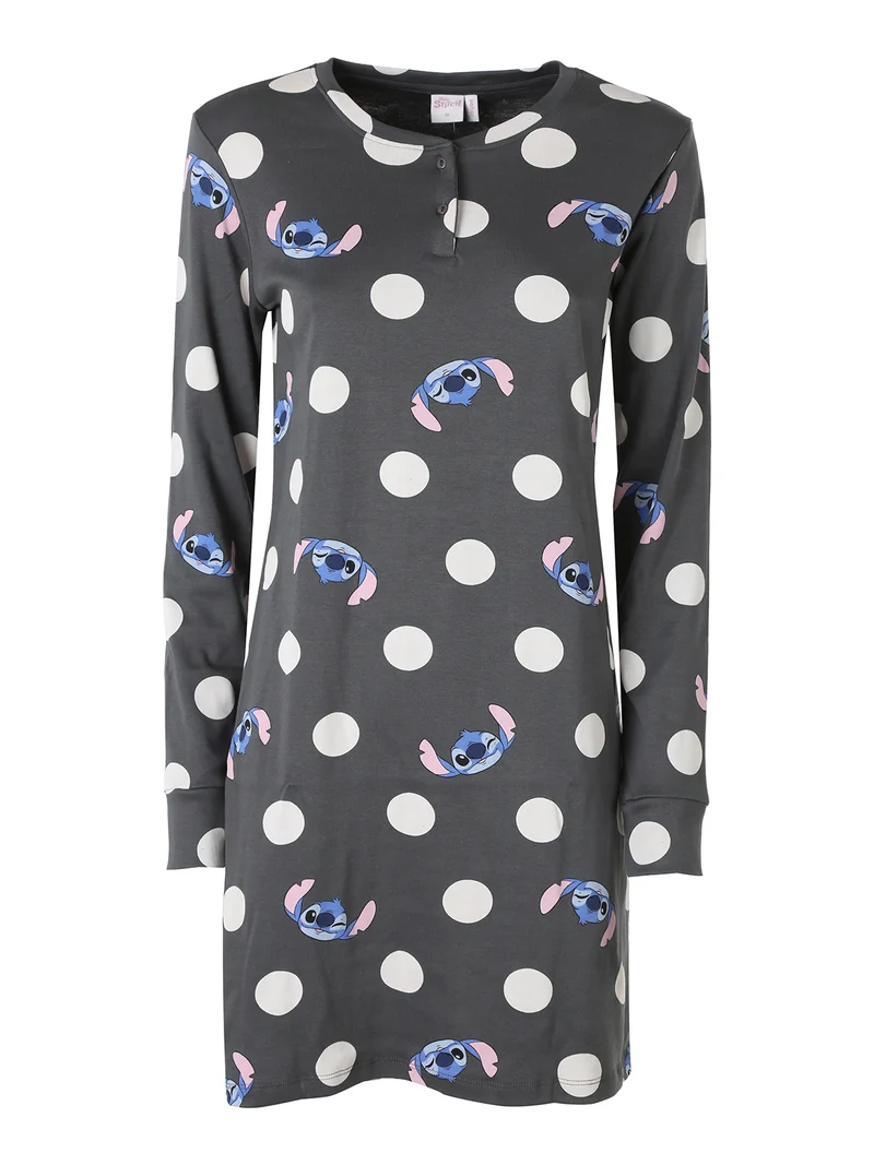 Camicia da notte a maniche lunghe da donna in cotone interlock con stampa pois - antracite