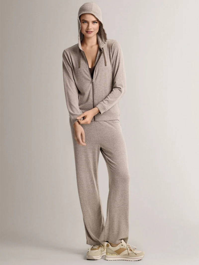 LOUNGE Completo tuta donna in maglia full zip con cappuccio - taupe