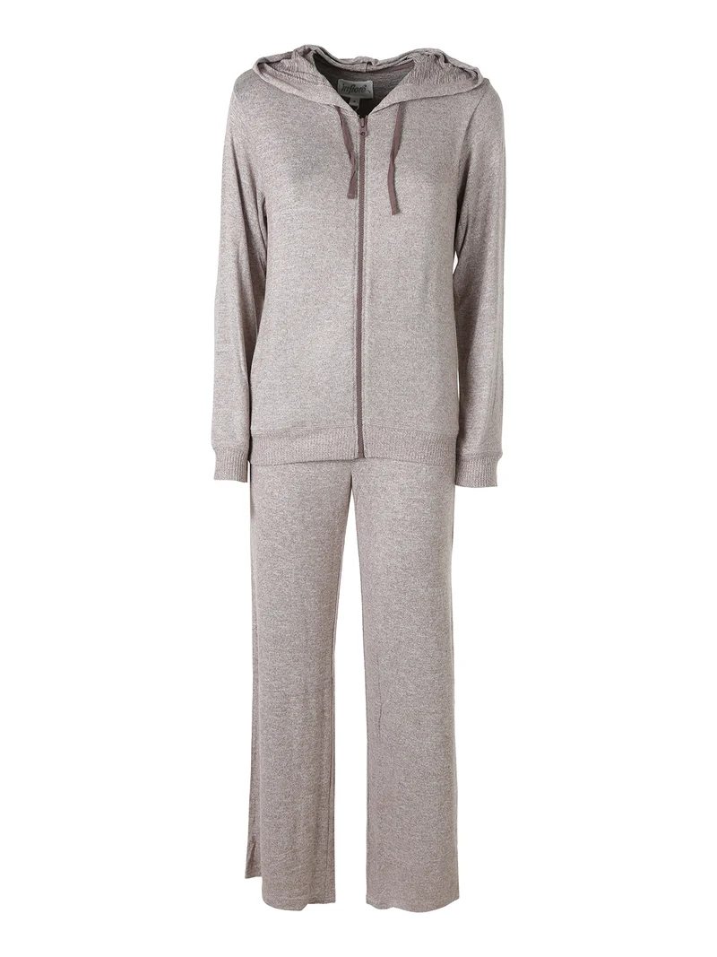 LOUNGE Completo tuta donna in maglia full zip con cappuccio - taupe