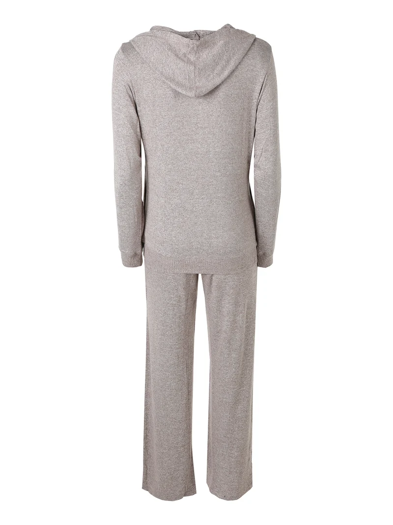 LOUNGE Completo tuta donna in maglia full zip con cappuccio - taupe