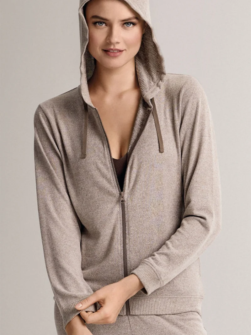 LOUNGE Completo tuta donna in maglia full zip con cappuccio - taupe