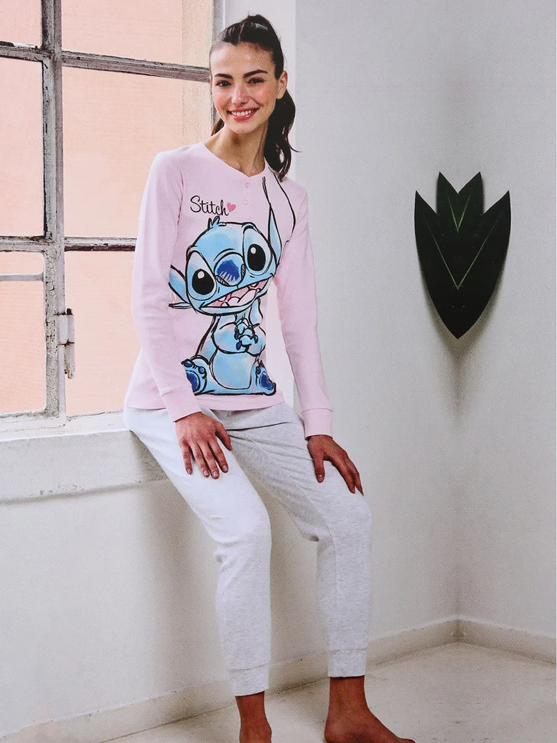 Pigiama lungo da donna in cotone interlock con stampa disegno - rosa