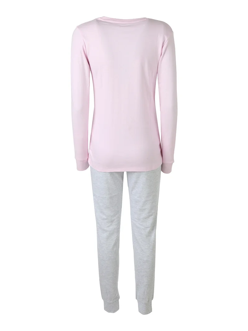 Pigiama lungo da donna in cotone interlock con stampa disegno - rosa