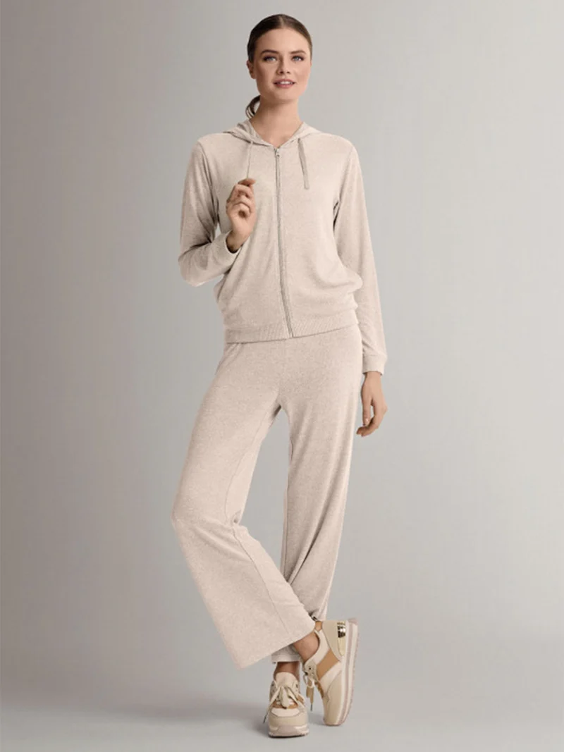 LOUNGE Completo tuta donna in maglia full zip con cappuccio - panna