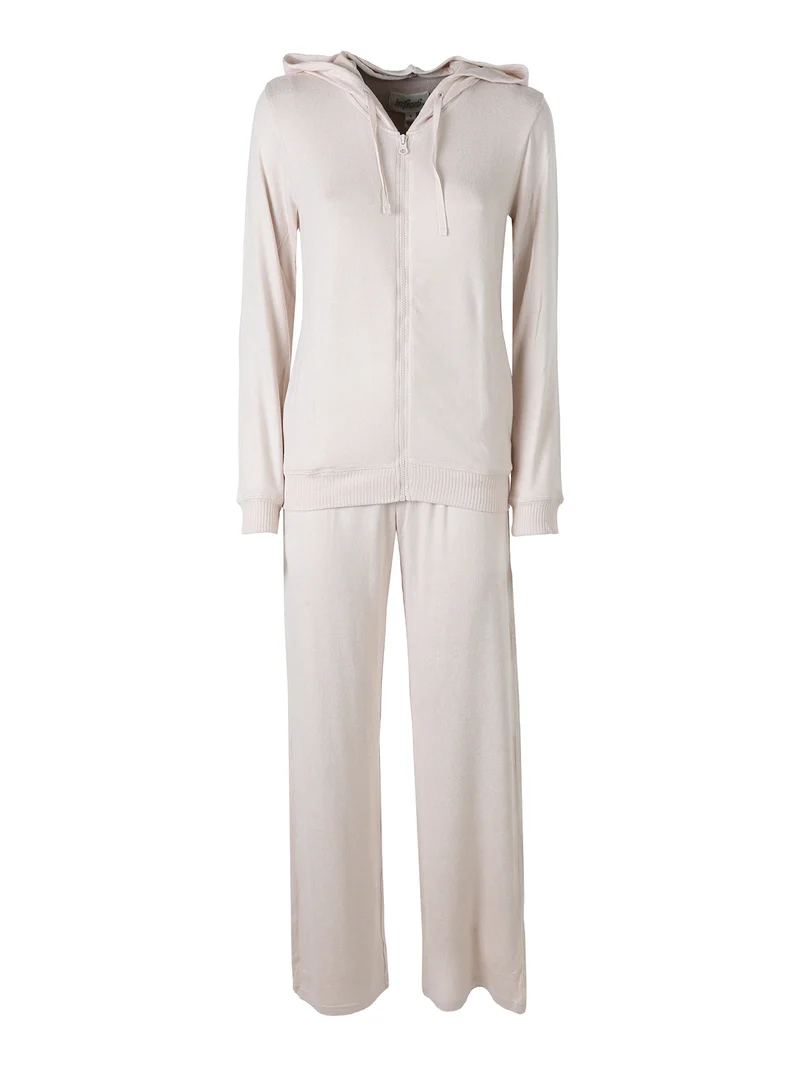 LOUNGE Completo tuta donna in maglia full zip con cappuccio - panna