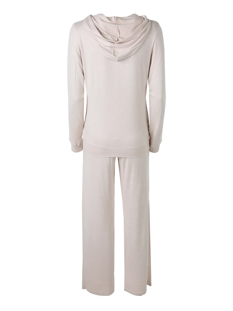 LOUNGE Completo tuta donna in maglia full zip con cappuccio - panna