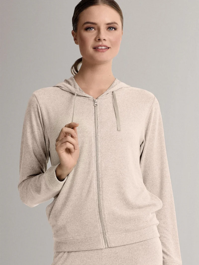 LOUNGE Completo tuta donna in maglia full zip con cappuccio - panna